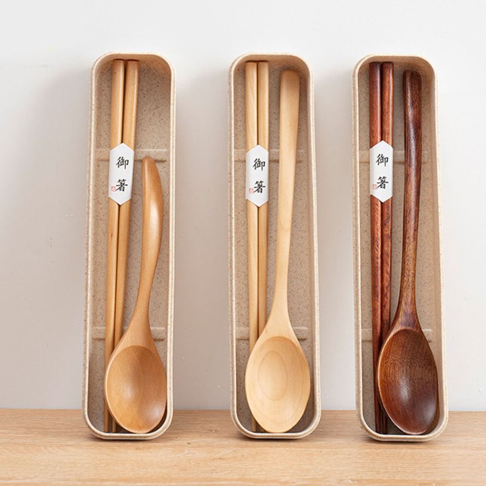 Bamboo Cutlery Travel - Picnic With Box Wooden Chopsticks Spoon