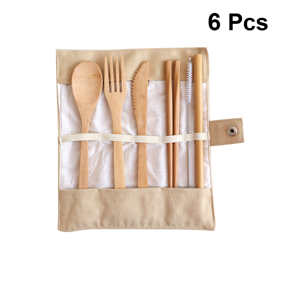 6Pcs Bamboo Cutlery Set Portab - Bamboo Cutlery Travel ulasan dan harga